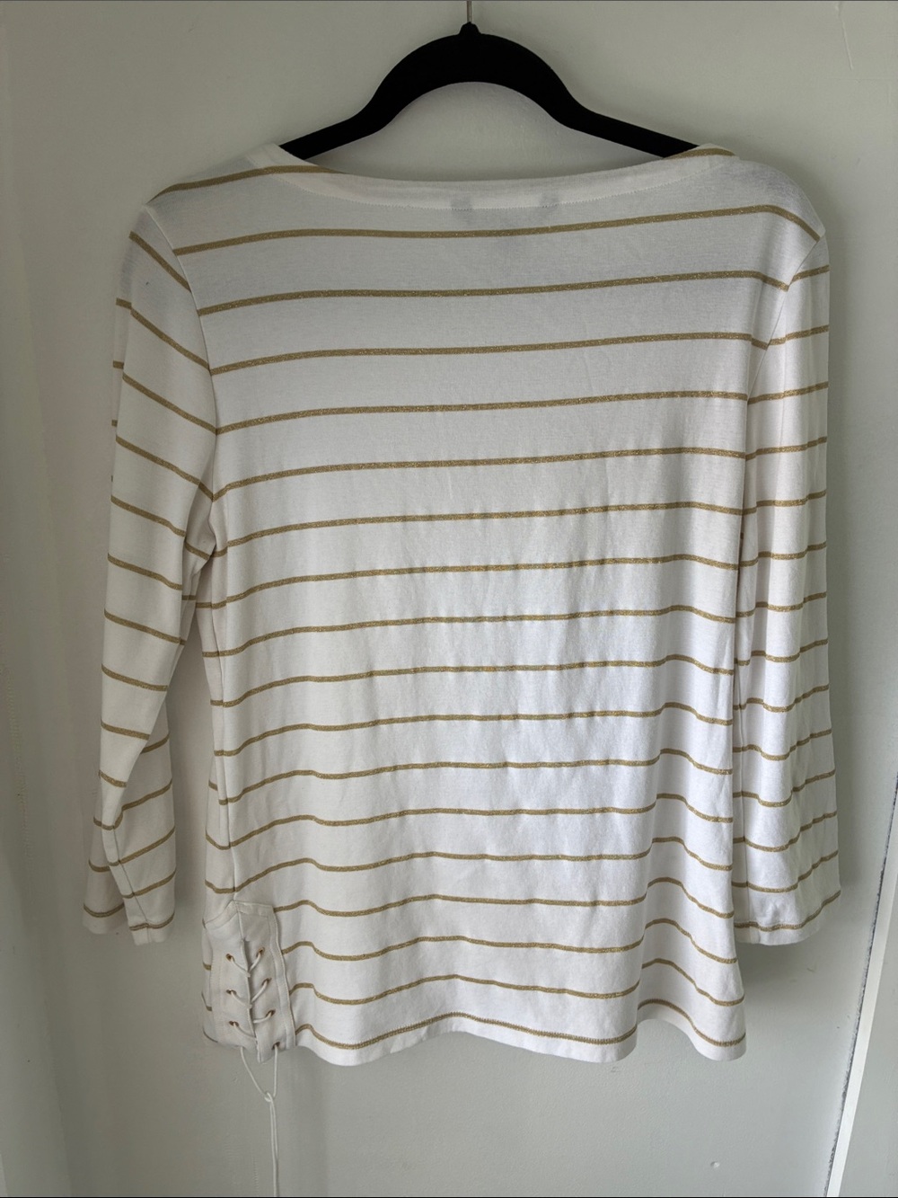 Lauren Ralph Lauren White Top Gold Stripes Side Lace Up Boat Neck Sz L